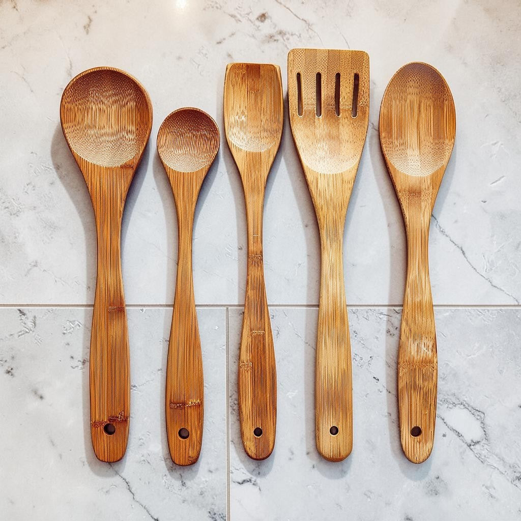 Xovila 5-Piece Premium Bamboo Kitchen Utensil Set - Heat-Resistant Non-Stick Wooden Cooking Spoons and Spatulas